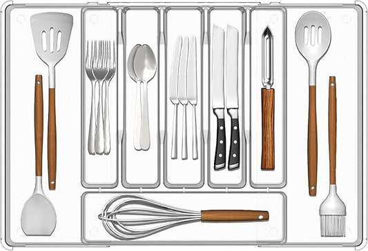 Silverware Drawer Organizer, Expandable Utensil Tray for Kitchen Drawers,BPA Free Flatware and Cutlery Holder,Adjustable Plastic Storage for Utensil like Spoons, Forks, Knives.Clear