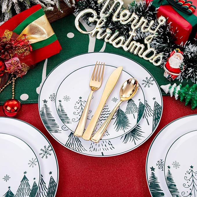 FLOWERCAT 100PCS Christmas Plates & Christmas Tree Plates - Heavy Duty Christmas Plastic Plates Disposable for Party - Include 50PCS 10.25inch Christmas Dinner Plates - 50PCS 7.5inch Dessert Plates