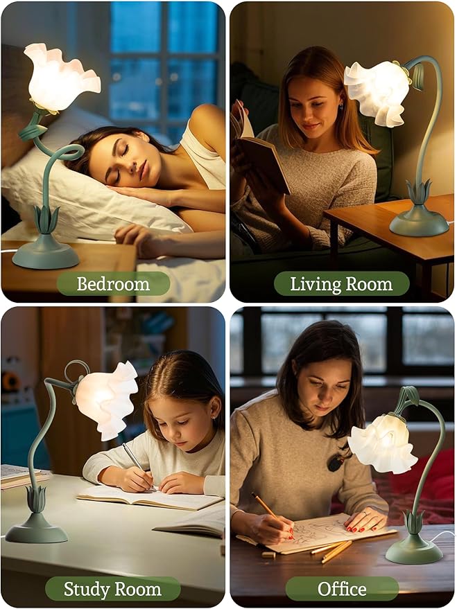 Flower Table Lamp Bedside Lamps LED Reading Light,3 Color Modes Cute Small Lamp,Vintage Flower Lamp Nightstand Lamp Kawaii Table Lamp for Bedroom Living Room Office Dorm Desk Home Decor(Green lamp)