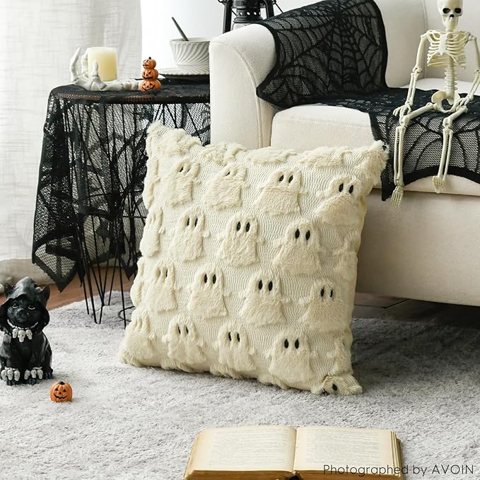 AVOIN colorlife Halloween Ghost Beige Throw Pillow Cover Set of 2, 16 x 16 Inch Soft Plush Faux Fur Jacquard Spooky Cushion Case Decoration for Sofa Couch