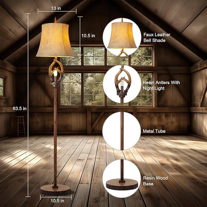 Rustic Farmhouse Antlers Floor Lamp with Night Light Faux Leather Bell Shade Brown Finish Tall Industrial Tall Standing Lamp Decor for Living Room Bedroom Hotel Office (Bulb Included)