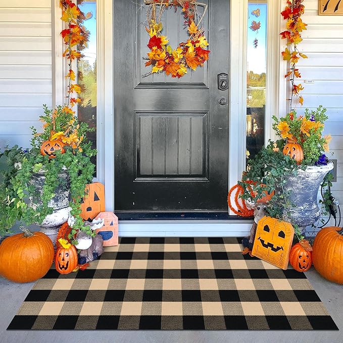 KOZYFLY Buffalo Plaid Area Rugs 3x5 Ft Brown and Black Checkered Rug Washable Front Door Mat Hand Woven Cotton Outdoor Rugs Large Rug for Front Porch Kitchen Entryway Patio Bathroom