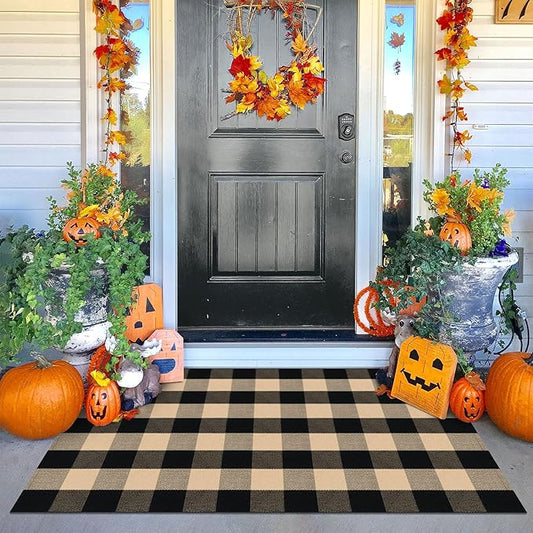 KOZYFLY Buffalo Plaid Area Rugs 3x5 Ft Brown and Black Checkered Rug Washable Front Door Mat Hand Woven Cotton Outdoor Rugs Large Rug for Front Porch Kitchen Entryway Patio Bathroom
