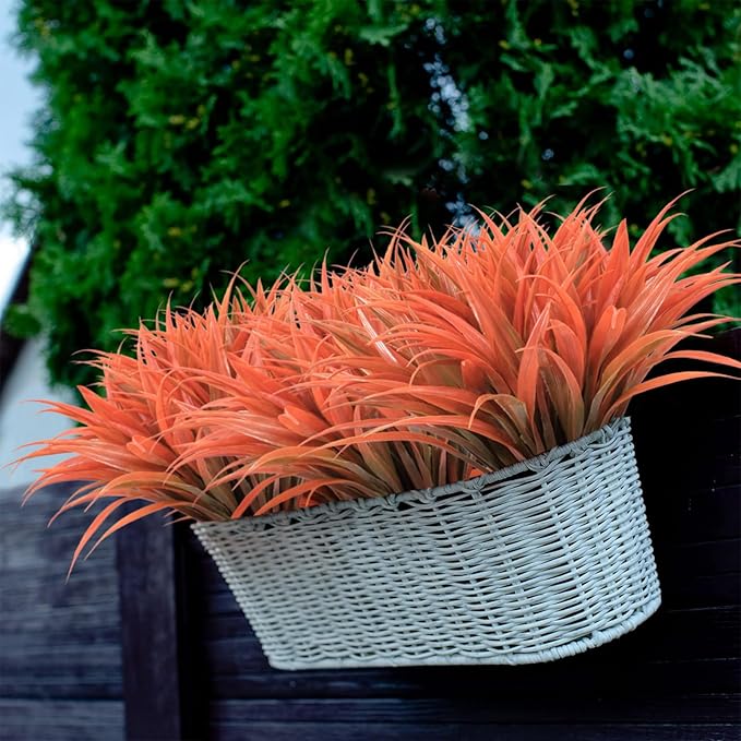 8 pcs Fall Artificial Flowers for Decoration, Fake Artificial Tall Grass Plants for Outdoors, Orange Faux Tropical Greenery Autumn Front Porch Patio Garden Outside Plastic Shrubs Bushes