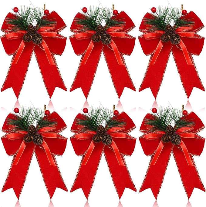 Syhood 6 Pcs Christmas Bows with Pine Cones Pine Needles Xmas Velvet Bows Red Ribbon Christmas Tree Wreath Decoration for Xmas Parties Indoor Outdoor Crafts DIY Decor