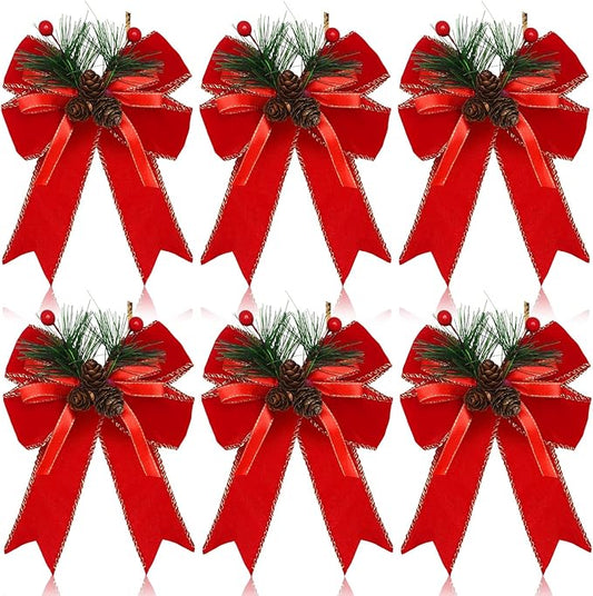 Syhood 6 Pcs Christmas Bows with Pine Cones Pine Needles Xmas Velvet Bows Red Ribbon Christmas Tree Wreath Decoration for Xmas Parties Indoor Outdoor Crafts DIY Decor
