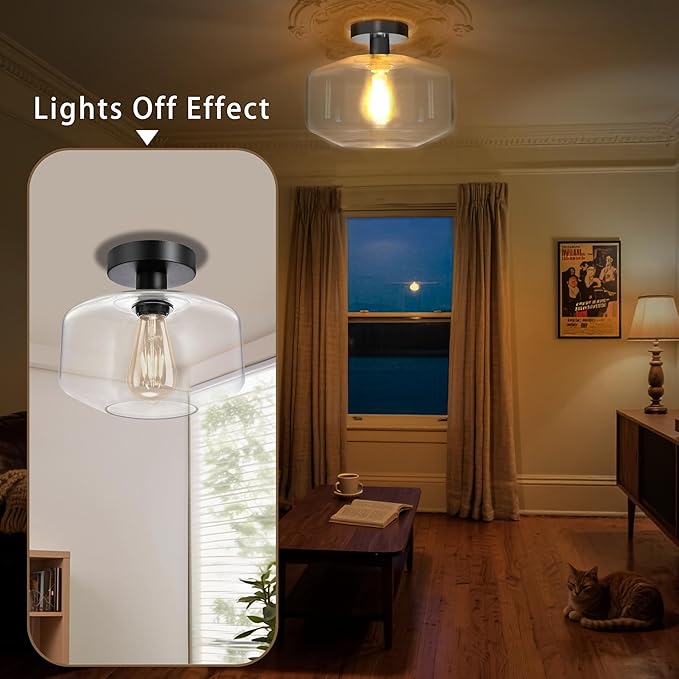 Semi Flush Mount Ceiling Lights, Industrial Ceiling Light, Glass Pendant Lamp Shade,11.8'' Inches Pendant Light Fixtures for Hallway, Entryway, Farmhouse, Kitchen (Black)