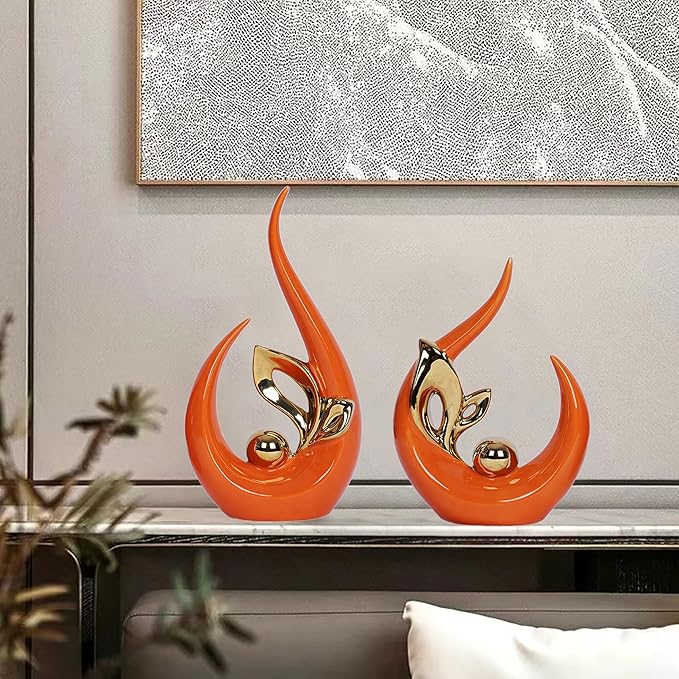 2 PCS Orange & Gold Mid Century Modern Decor Ceramic Statue - Dining Table Decorations & Centerpieces for Tables, Entryway, Kitchen, Shelf, Bookshelf