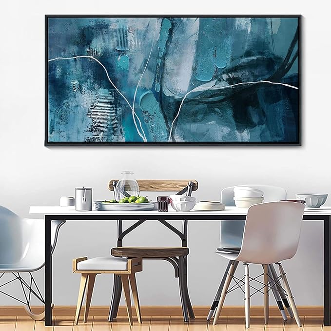 Abstract Canvas Wall Art -Blue-Green and Fan Art Large Wall Decor for Living Room Bedroom Decoration Framed Teal Pictures Artwork for Walls Size 29x58Inches
