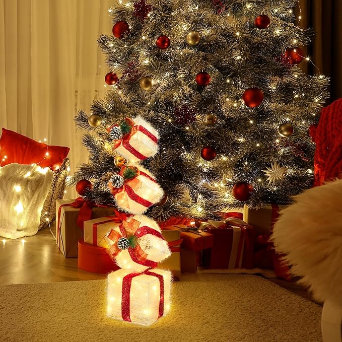 Christmas Lighted Gift Boxes Decorations Set of 4, 2.8Ft Stackable Christmas Nesting Boxes Battery Operated for Home and Party Decoration (8"-6"-5"-4", Red Bow)