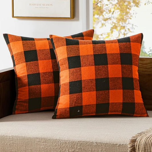 MIULEE Fall Throw Pillow Covers Halloween Pack of 2 Buffalo Check Farmhouse Checker Plaids Accent Polyester Linen Outdoor Cushion Case for Sofa Couch Orange and Black 22 x 22 Inch