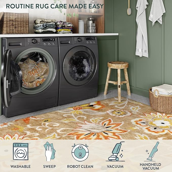 Lahome Floral Runners Rugs for Hallways - 2x6 Washable Non-Slip Kithcen Runner Rug Throw Soft Lightweight Bedroom Rug, Tan Paisley Print Modern Indoor Carpet Runner for Bathroom Laundry Room Entrance