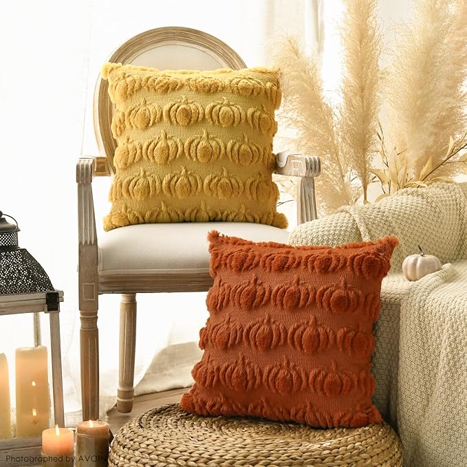 AVOIN colorlife Fall Pumpkin Beige Caramel Ginger Throw Pillow Covers, 18 x 18 Inch Seasonal Autumn Thanksgiving Harvest Soft Plush Faux Fur Jacquard Cushion Case Decoration for Sofa Set of 4
