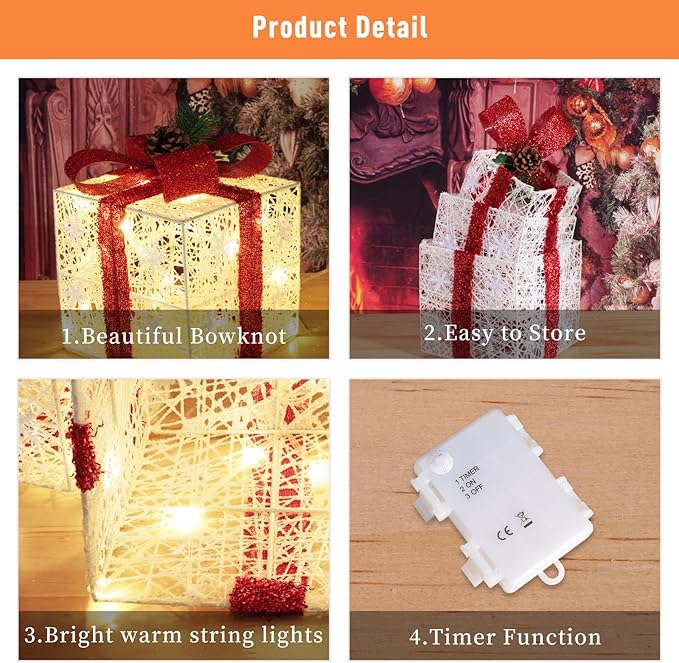 Christmas Decorations, Set of 3 Christmas Lighted Gift Boxes, Battery Operated Xmas Present Boxes, Warm White LED with Bows for Indoor Christmas Tree, Yard, Home Decor
