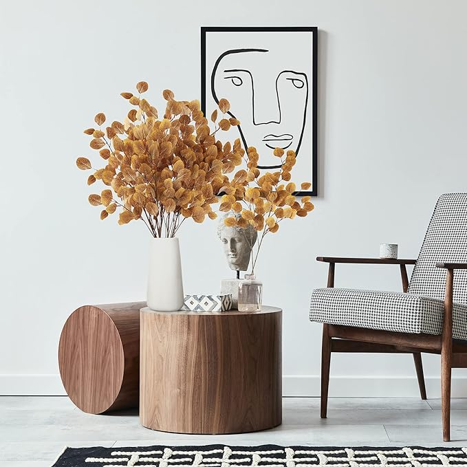 Sggvecsy 6 Pcs Fall Eucalyptus Leaves Artificial Eucalyptus Stems Long Silver Dollar Leaves Autumn Leaf Branches Fake Silk Eucalyptus for Christmas Home Autumn Thanksgiving Decor(Dark Yellow)