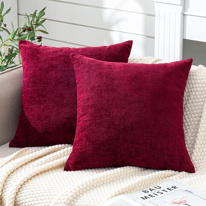 GAWAMAY Decorative Chenille Throw Pillow Covers 24x24 Inch Pack of 2, Soft Square Couch Pillow Cover for Sofa Cushion Living Room Bedroom Pillowcases Burgundy Red 60x60cm (ONLY Covers)