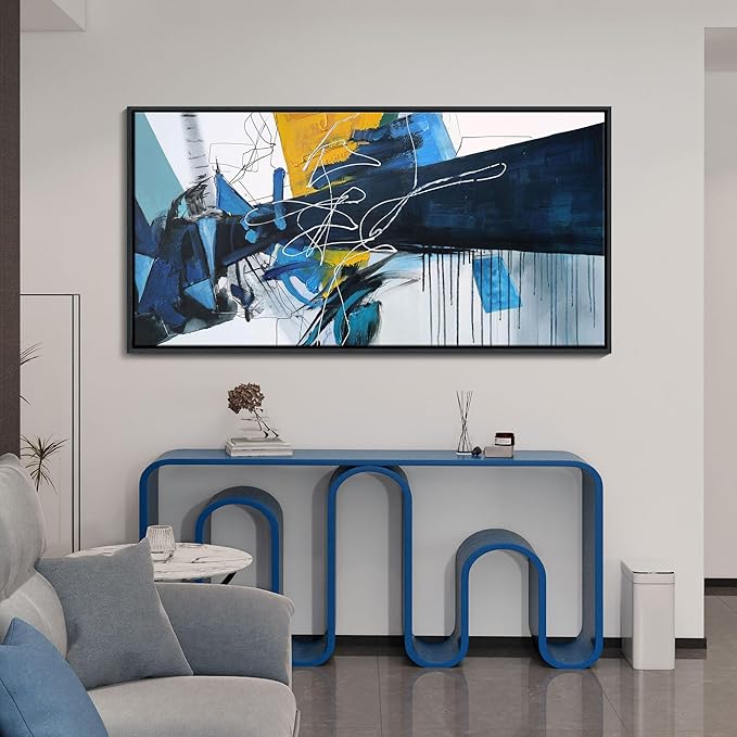 KLAKLA Extra Large Wall Art for Living Room - Blue and white Canvas Framed Wall Decor Living Room Abstract Picture Artwork for Office Bedroom Decorative Paintings