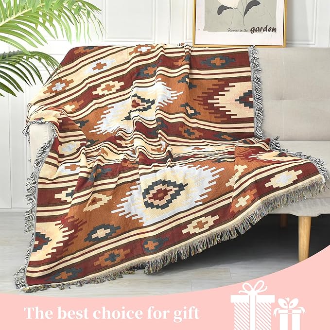 Boho Throw Blanket Reversible Cotton Bohemian Tapestry Hippie Room Decor Outdoor Blanket Double Sided (Boho Pattern, 50"x60")