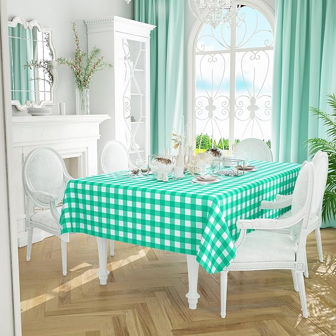 misaya Rectangle Waterproof Vinyl Table Cloth, Buffalo Flannel Backed Tablecloth, Wipeable Plastic Table Cover for Dinner, Kitchen, Outdoor (60" x 84", Green and White)