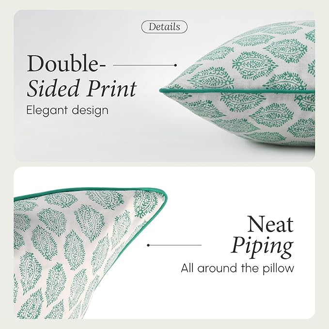 CPC 100% Cotton Throw Pillow Covers 20x20 Inch, Set of 2 Green Block Print Pattern Couch Pillow, Cute Boho Decorative Pillows for Living Room, Bedroom with Hidden Zipper- Sea Green