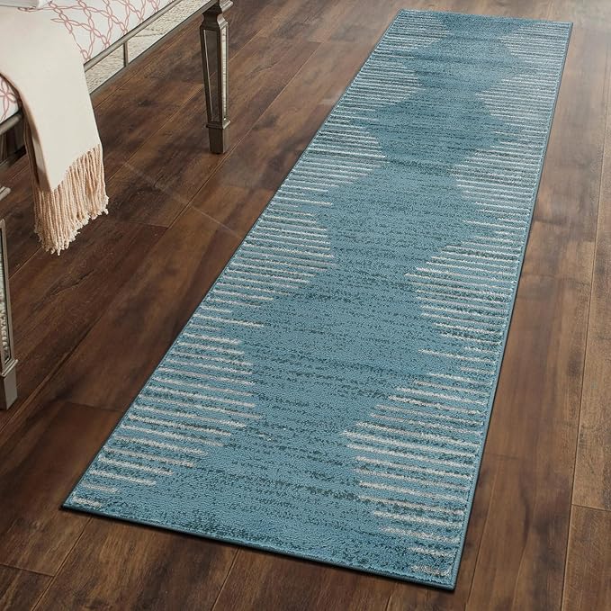 Rugshop Bohemian Stripe Stain Resistant High Traffic Living Room Kitchen Bedroom Dining Home Office Area Rug 2' x 7' Blue