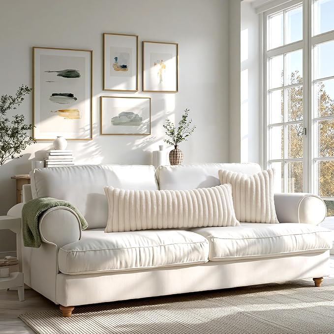 MIULEE Faux Fur Lumbar Decorative Throw Pillow Covers 12x20 Inch Set of 2, Modern Spring Home Decor Soft Plush Couch Pillows Cozy Fluffy Cushion Covers for Sofa Bed Beige