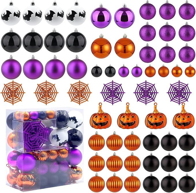 Halloween Ornaments Tree Decorations, 61 Pack Shatterproof Halloween Hanging Ball Ornaments Set with Loop for Party Holiday Indoor Home Decor