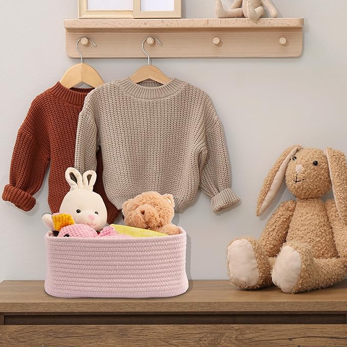 Small Woven Storage Baskets 12“X8”X5“ Decorative Rope Bins for Organizing Shelves, Closets, and Toys, Empty Gift Baskets, Cute Organizer Basket for Home and Office (pink, regular)