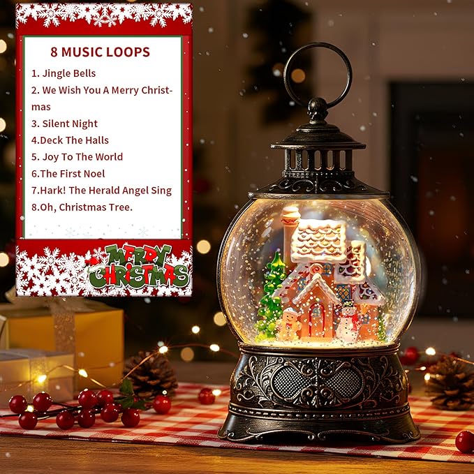 Christmas Snow Globe Lighted Gingerbread House Scene, Musical Snow Water Lantern Swirling Glittering Home Decoration and Gift, Battery Operated or USB Powered
