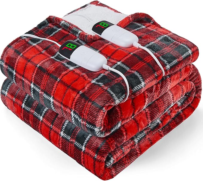 Heated Blanket Electric, Queen Size 84X90, Heating Blanket with 10 Heating Levels/8 Hours Auto Off/Dual Control for Bed, Red Checkered Sherpa Blankets Warmer for Adults, Christmas Blankets, ETL & FCC