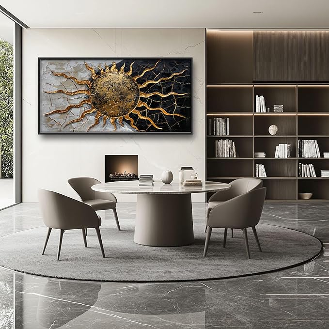 Quorin Golden Sun Large Wall Art Abstract Day and Night Pictures Black and Golden Wall Decor Canvas Print Painting Artwork for Bathroom Living Room Bedroom 60L x 30W