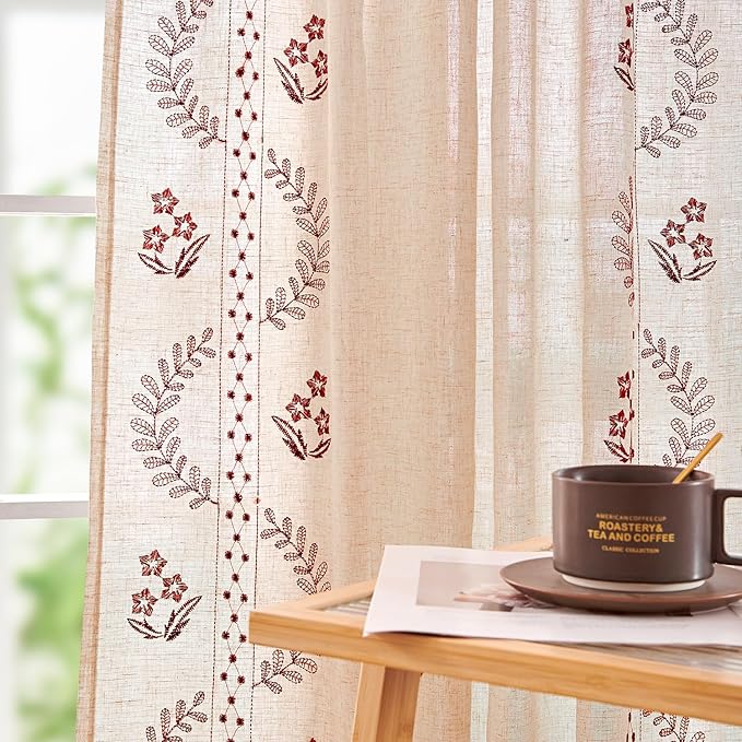 jinchan Belrose Linen Curtains for Bedroom Floral Curtains 84 Inch Length Linen Blend Burgundy Red Embroidered Drapes Farmhouse Flower Patterned Drapes for Living Room Window Treatments Set 2 Panels