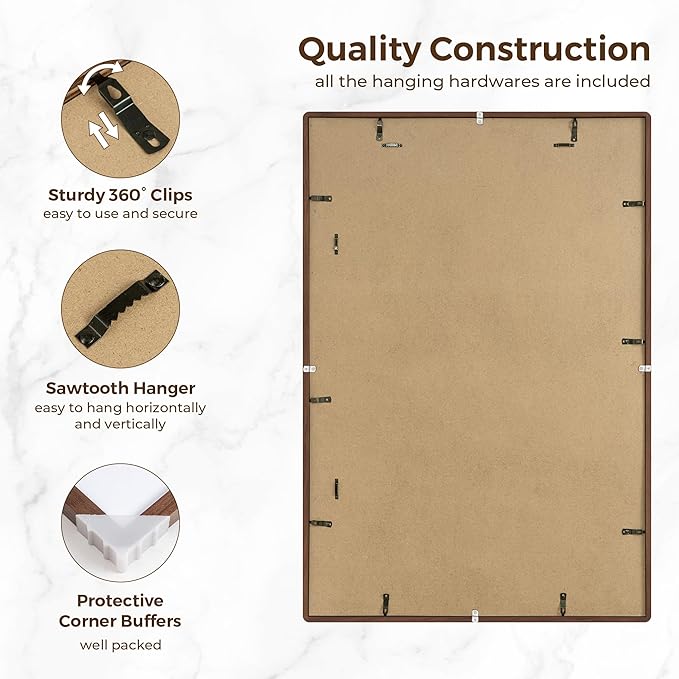 27x40 Picture Frame, 27 x 40 Poster Frame - Solid Oak Wood, 27 by 40 Frame with Tempered Glass, Rustic Wooden 27"x40" Frame with Mat for 24"x36", Minimalist 27x40 Frames for Wall, Walnut Color, 1 Pack