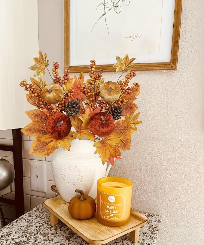 Briful 2Pack 16in Fall Picks and Sprays with Velvet Pumpkins Pinecones Berries Maple Leaves Artificial Fall Floral Branches Stems for Vases Autumn Table Centerpieces Seasonal Home Decor