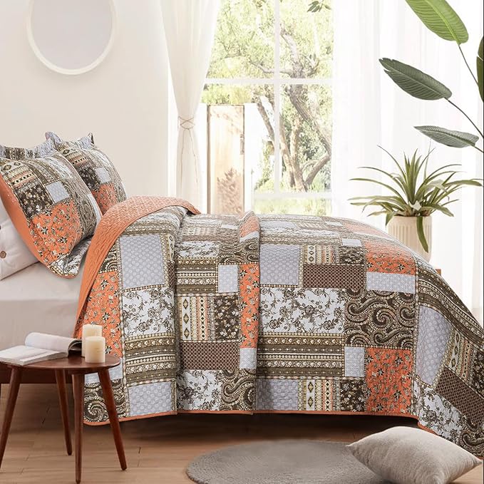 VAPUTAR Quilts King Size - Fall Cotton King Size Quilt Bedding Set, 3 Piece Lightweight Soft King Bedspreads Cotton Boho King Quilt Set, Floral Bedding Set for Farmhouse Bedroom (Dream Orange)