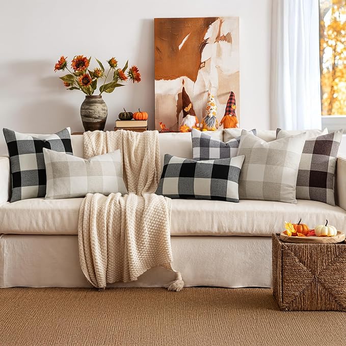 MIULEE Pack of 2 Farmhouse Buffalo Check Plaids Polyester Linen Soft Soild Square Throw Pillow Covers Cream White Home Decor Outdoor Cushion Case for Sofa Bedroom 20 x 20 Inch