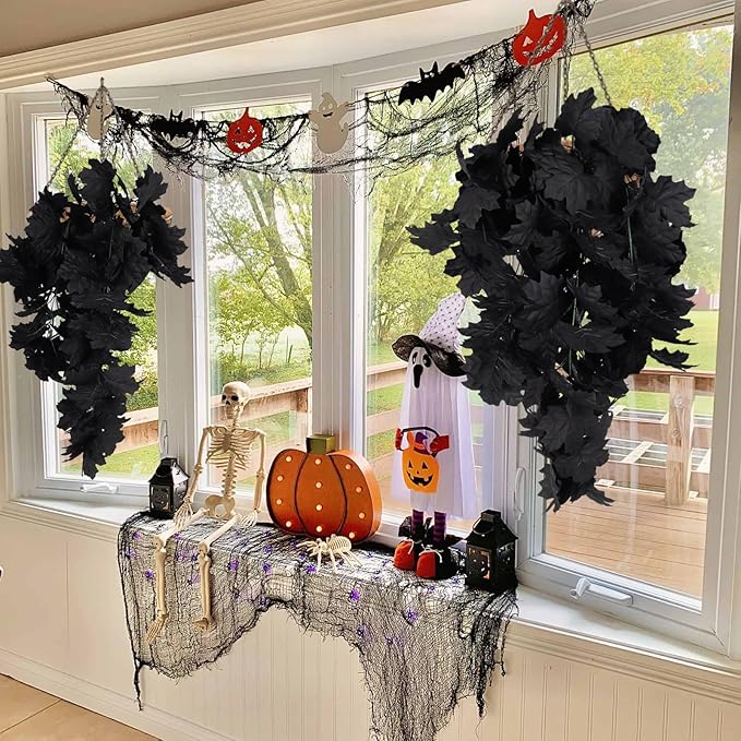 RECUTMS Black Maple Leaf Artificial Hanging Plants Fake Plants Faux Fall Leaves Halloween Faux Plants Autumn Leaves Artificial Wall Hanging Indoor Outdoor Halloween Decoration（Black）
