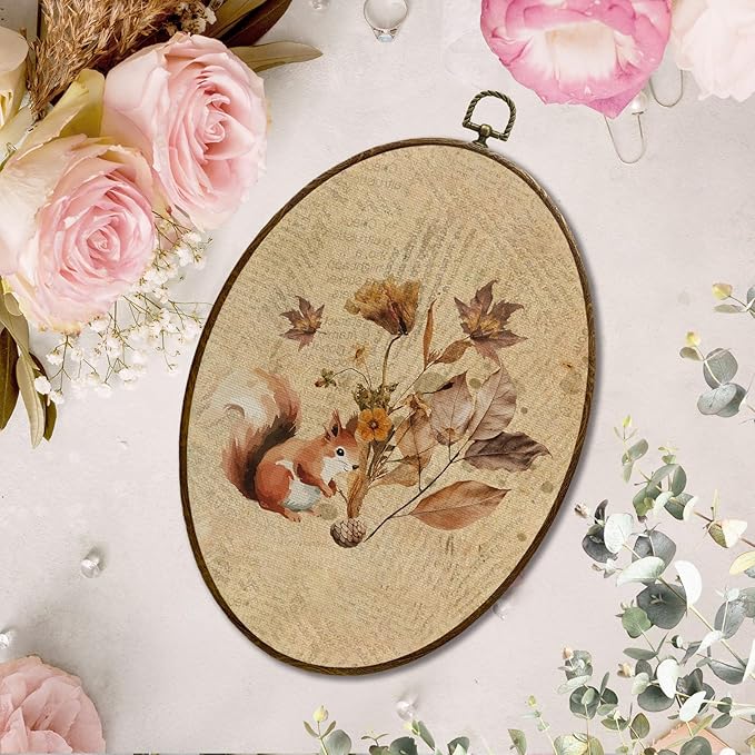 JQF Vintage Fall Squirrel Oval Wall Art, Farmhouse Autumn Floral Squirrel Oval Canvas Wall Art, Retro Rustic Fall Animal Framed Prints Hanging Decor for Home Bedroom Living Room, 8.5x11.5 Inch
