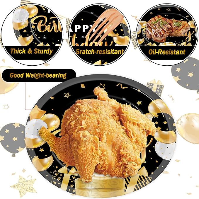 Birthday Oval Paper Plate 11inch Large Happy Birthdays Plates and Napkins, Black and Gold Party Decoration Favor Dish Tray for Man Woman Bday Baby Shower Holiday Gathering Supplies Tableware, 25 Guest