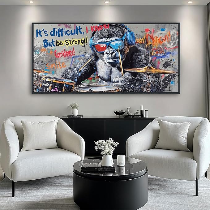 QZQCBLC Large Canvas Wall Art - Abstract Graffiti Gorilla Wearing Glasses Playing Drums Street Art Paintings Artwork Pictures for Living room Bedroom Bar Men's Teenager Game Room Decor 29X58