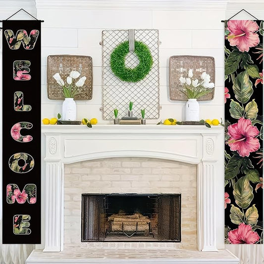 2pcs Welcome Summer Door Banner Hawaiian Porch Banners Sign Floral Summer Hibiscus Front Door Hanging Decor Banner for Seasonal Home Hawaii Tropical Party Outdoor Decorations