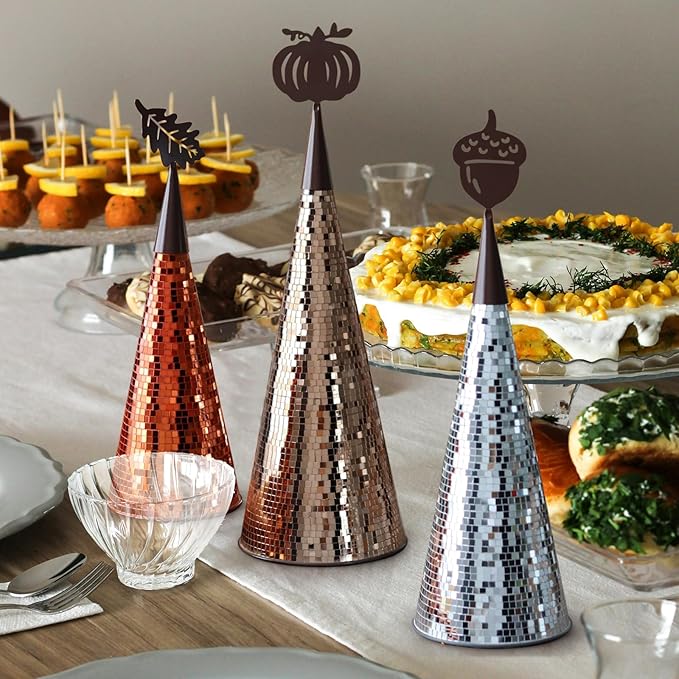 WDHODEC Fall Table Decor Tree 3PCS, Handmade Fall Halloween Table Centerpiece Decorations, Tabletop Disco Ball Tree for Autumn Party, Wedding, Indoor Outdoor Thanksgiving Decor Orange Brown Silver