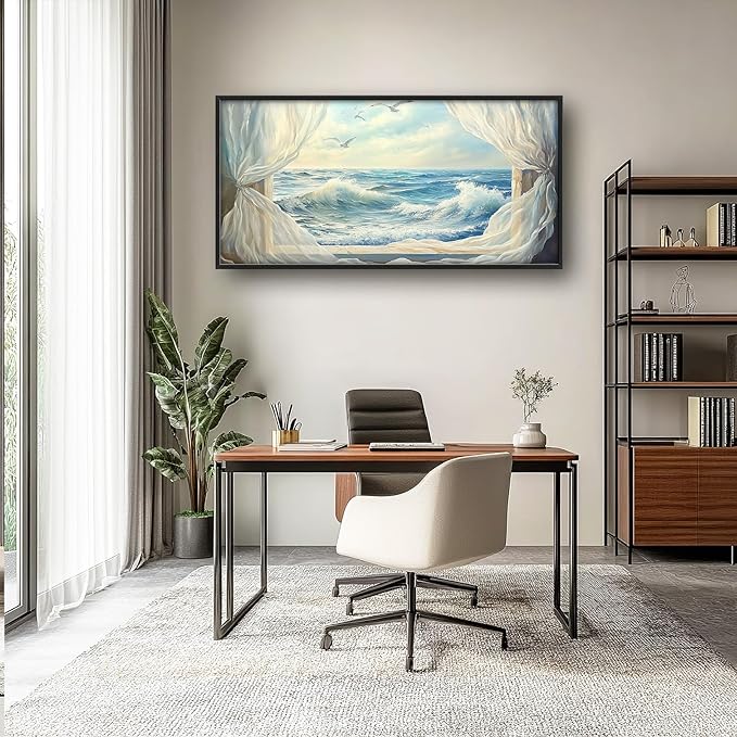 Beach Seagull Wall Art for Living Room, Large Coastal Canvas Wall Decor, Window Curtains Pictures Framed Painting, Landscape Artwork for Bedroom Office Home Decor 60L'' × 30W''