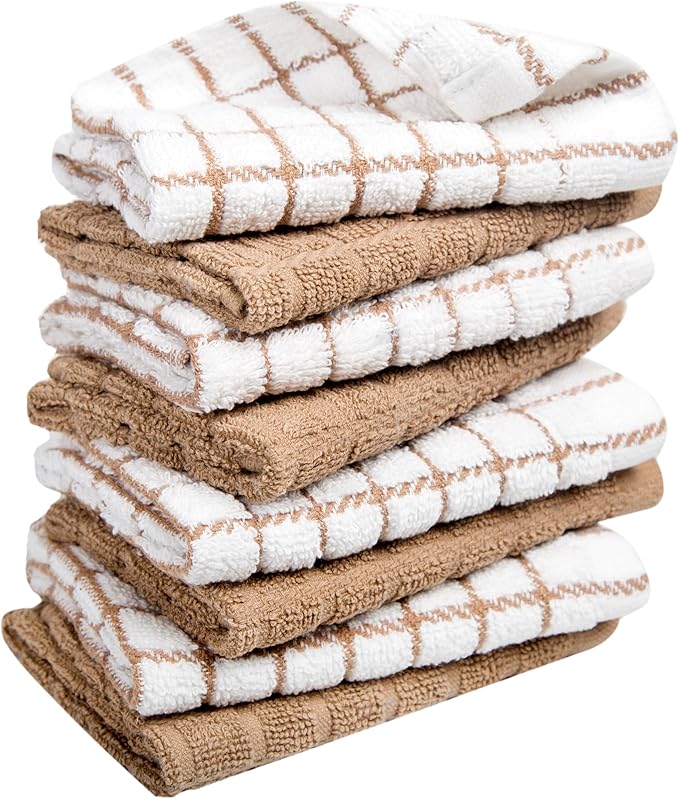 Bumble Dish Cloths (8 Pack) - 100% Cotton Dish Rags & Kitchen Washcloths for Washing Dishes | 12" x 12" | 405 GSM | Tan