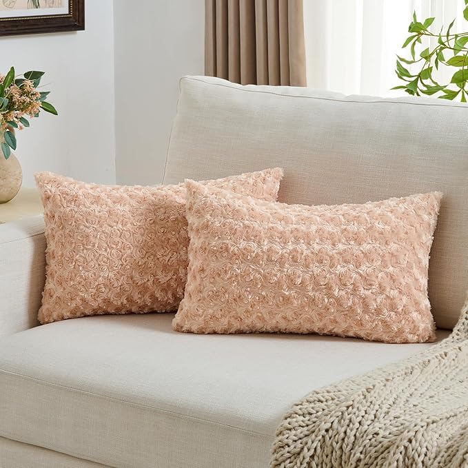 FUTEI Apricot Decorative Throw Pillow Covers 12x20 Inch Set of 2,Soft Solid Rose Textured Lumbar Pillow Case,Modern Home Decor for Couch Sofa Bed Living Room
