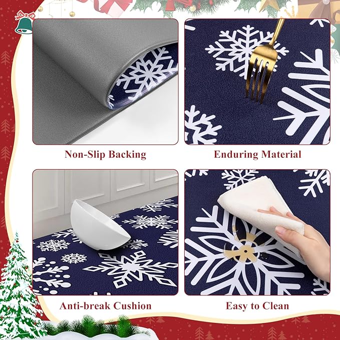 SHACOS Christmas Kitchen Rugs Set of 2 Anti-Fatigue Kitchen Mats Cushioned Blue Christmas Kitchen Rugs White Snow Farmhouse Kitchen Mats and Rugs for Xmas 17x27.5+17x47, Blue Snowflakes