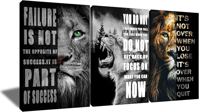 3 Panels Motivational Lion Canvas Print Wall Art Inspirational Quote Picture Animal Poster Painting Modern Inspiring Artwork Decor for Living Room Office Home Decor Wooden Framed [72''Wx 36''H]