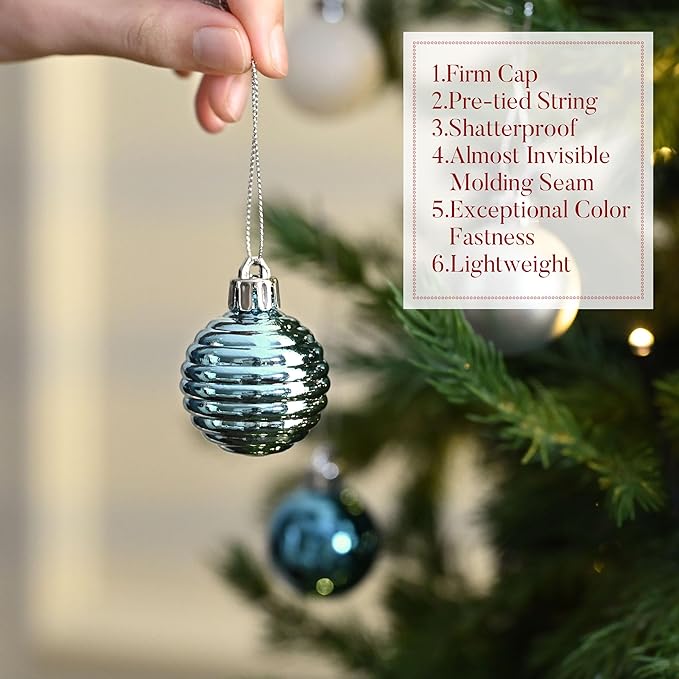 Valery Madelyn 1.57 Inches Small Christmas Tree Decorations Ornament Set for 4th of July Fall Halloween, 24ct Light Blue and Silver Shatterproof Hanging Ball Ornaments Holiday Party Decor