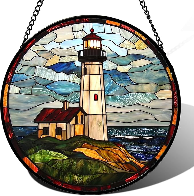 Stained Glass Window Hanging, Ocean Lighthouse Sun Catchers Glass Panel Blue Green Suncatcher Decor for Birthday for Women, Men, Wife, Aunt, and Mom 14.9x14.9 in