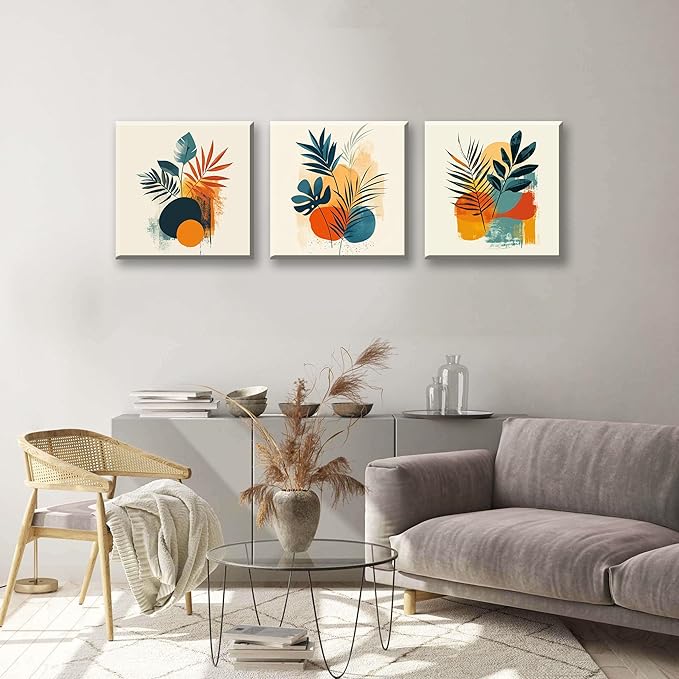 NAN Wind 3Pcs Modern Abstract Botanical Canvas Wall Art Colorful Leaf Prints Contemporary Floral Art for Living Room Minimalist Plant Decor Geometric Canvas Set Ready to Hang for Home Decor